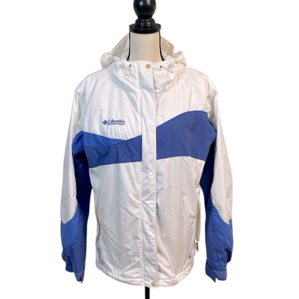 Columbia Women’s Zip Front Hooded Ski Jacket Blue White Colorblock Large